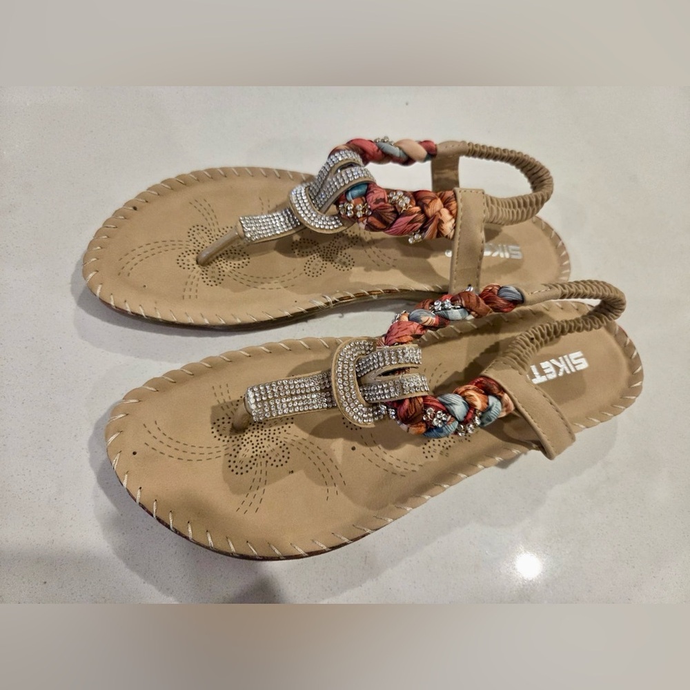 Women's Tan Braided Slingback Sandals with Rhinestone Knot Accent